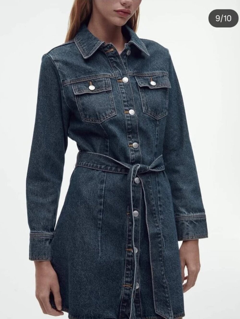 ZARA Dark Blue Denim Button-Front Jacket Dress with Tie - Sz Large - Picture 4 of 10